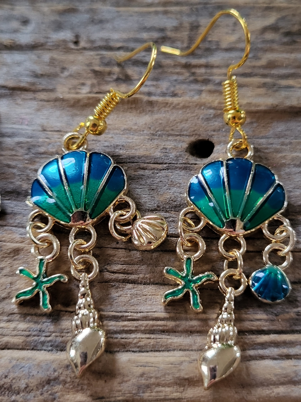 Gold-Tone Blue Green Shell Dangle Earrings